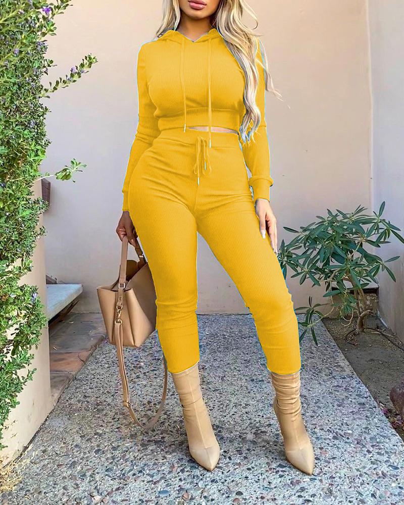 

Plain Hooded Top & Drawstring Pants Set, Yellow