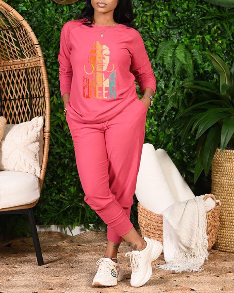 

Figure Print Long Sleeve Casual Top & Pants Set, Hot pink