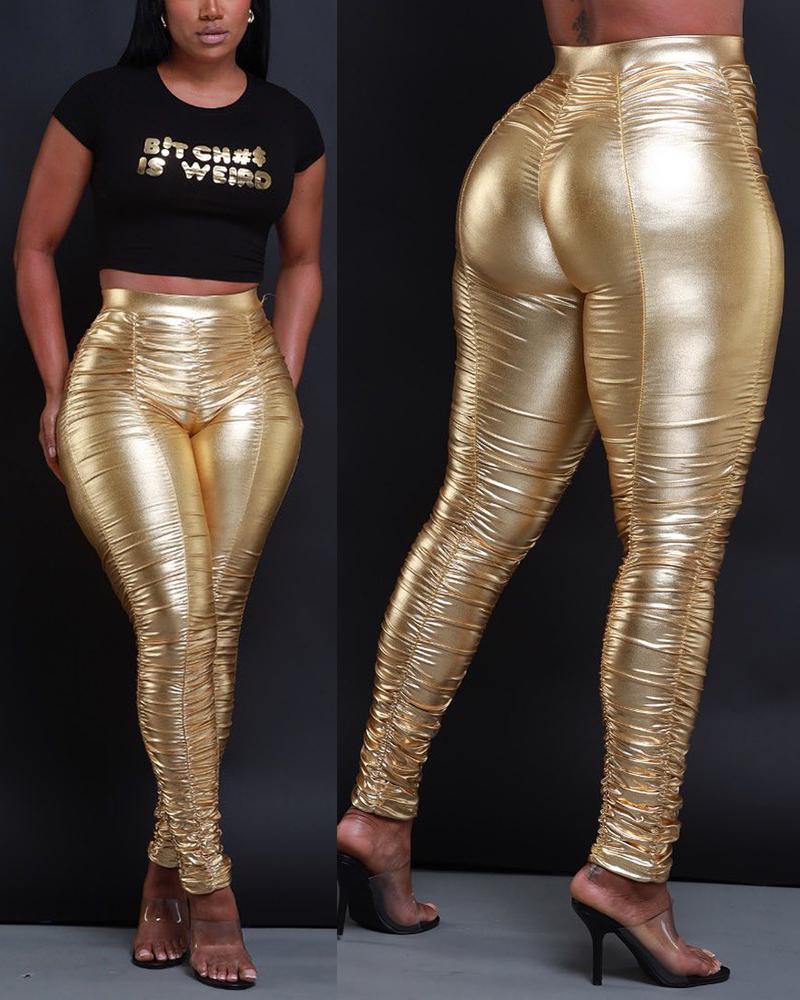 

High Waist Ruched Metallic Skinny Pants, Gold