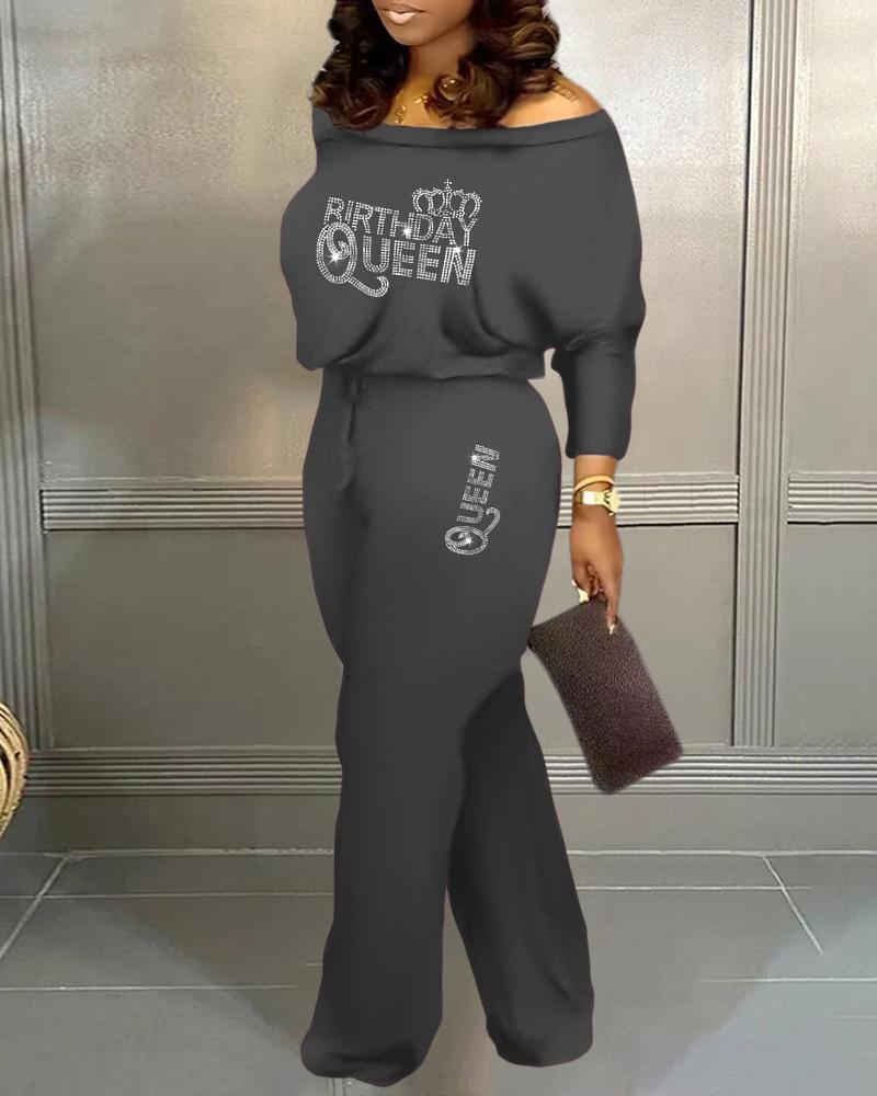 

Plus Size Rhinestone Birthday Queen Crown Pattern Top & Flared Pants Set, Dark grey