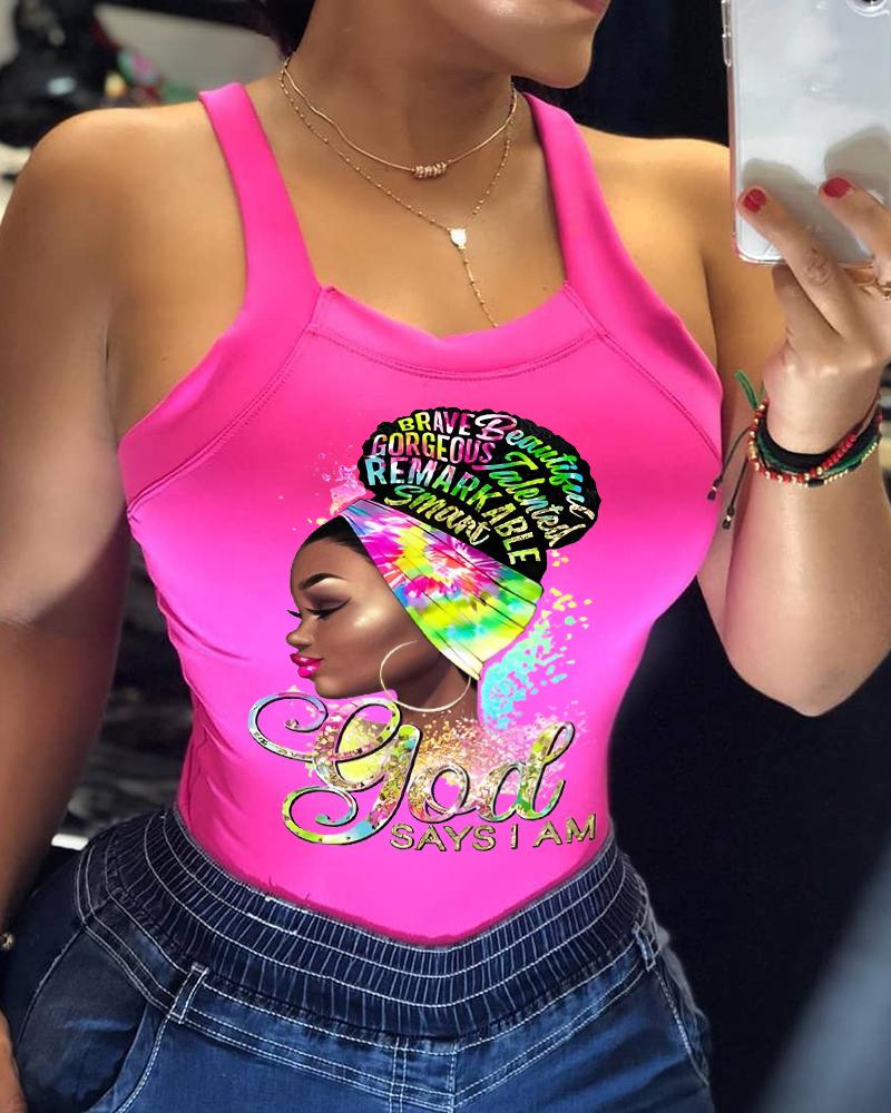 

Figure Letter Print U-Neck Tank Top, Hot pink