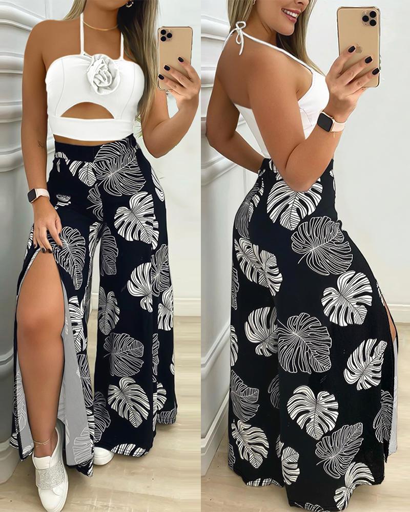 

Rose Detail Halter Top & Tropical Print Slit Wide Leg Pants Set, White