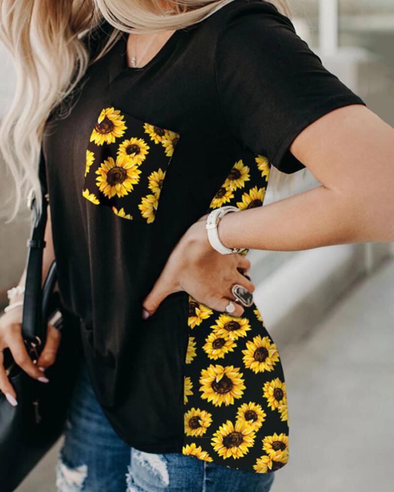 

Sunflower Print Short Sleeve T-shirt, Black
