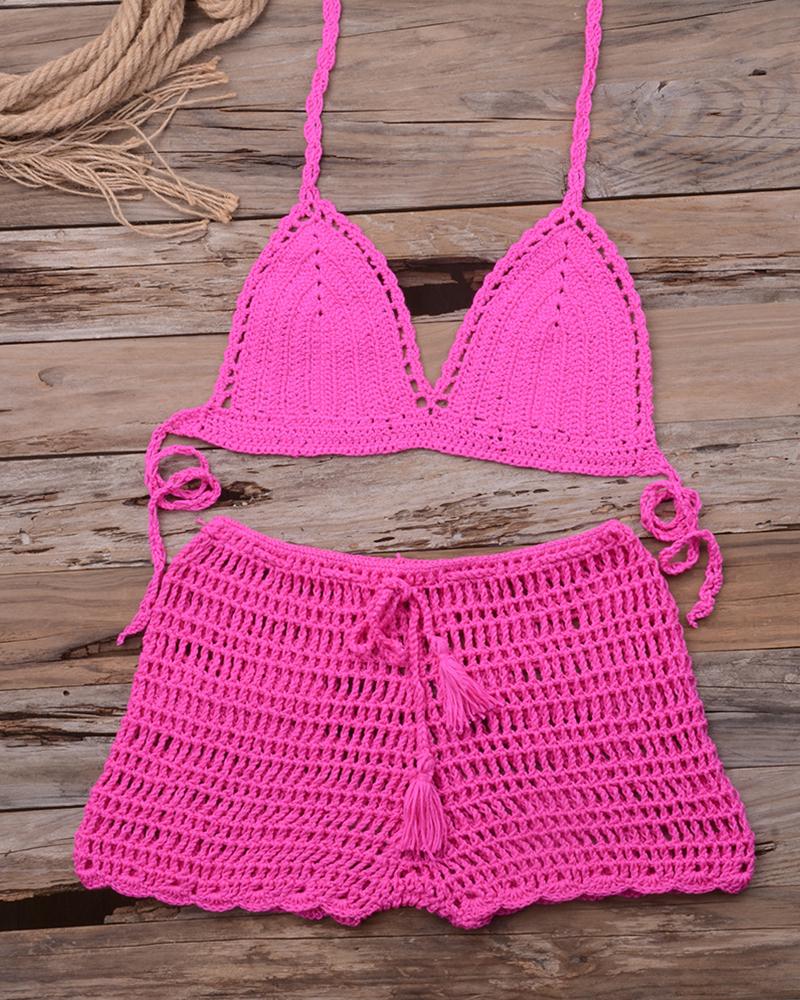 

Solid Strap Cut-out Skinny Tanks With Cut-out Shorts Sexy Sets, Hot pink