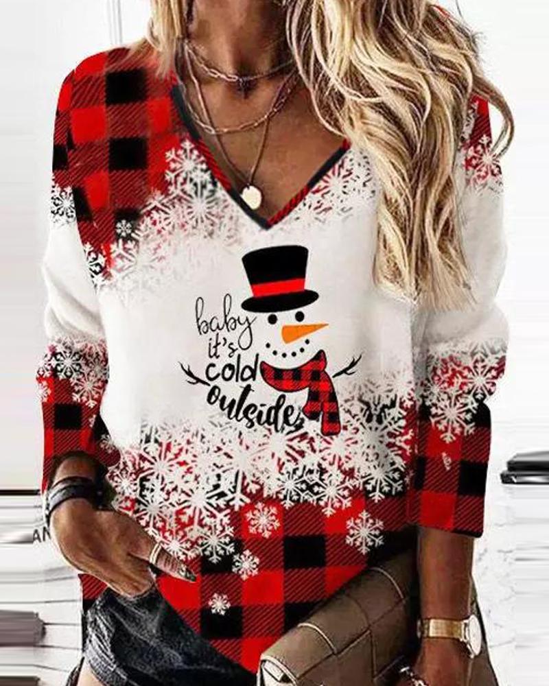 

Christmas Snowman Snowflake Plaid Print Long Sleeve Top, Red