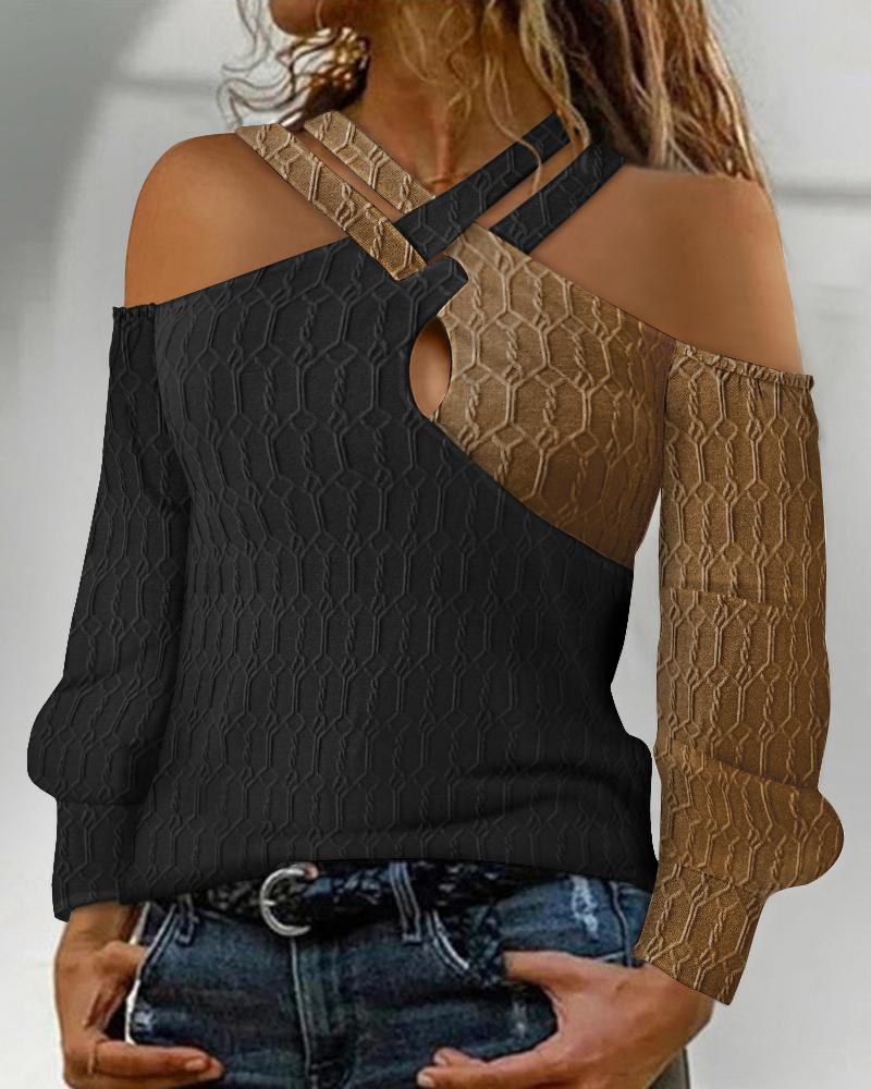 

Colorblock Cold Shoulder Cable Textured Top, Black