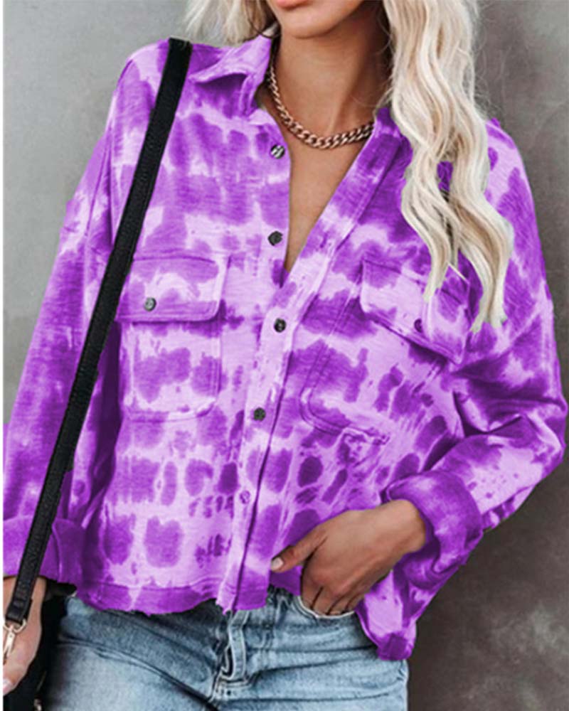 

Tie Dye Flap Detail Drop Shoulder Button Up Top, Purple