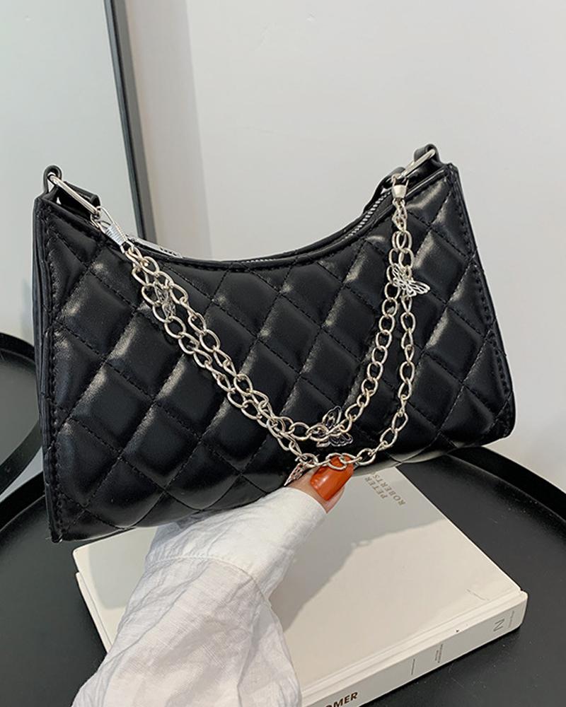 

Butterfly Chain Decor Quilted Baguette Bag, Black