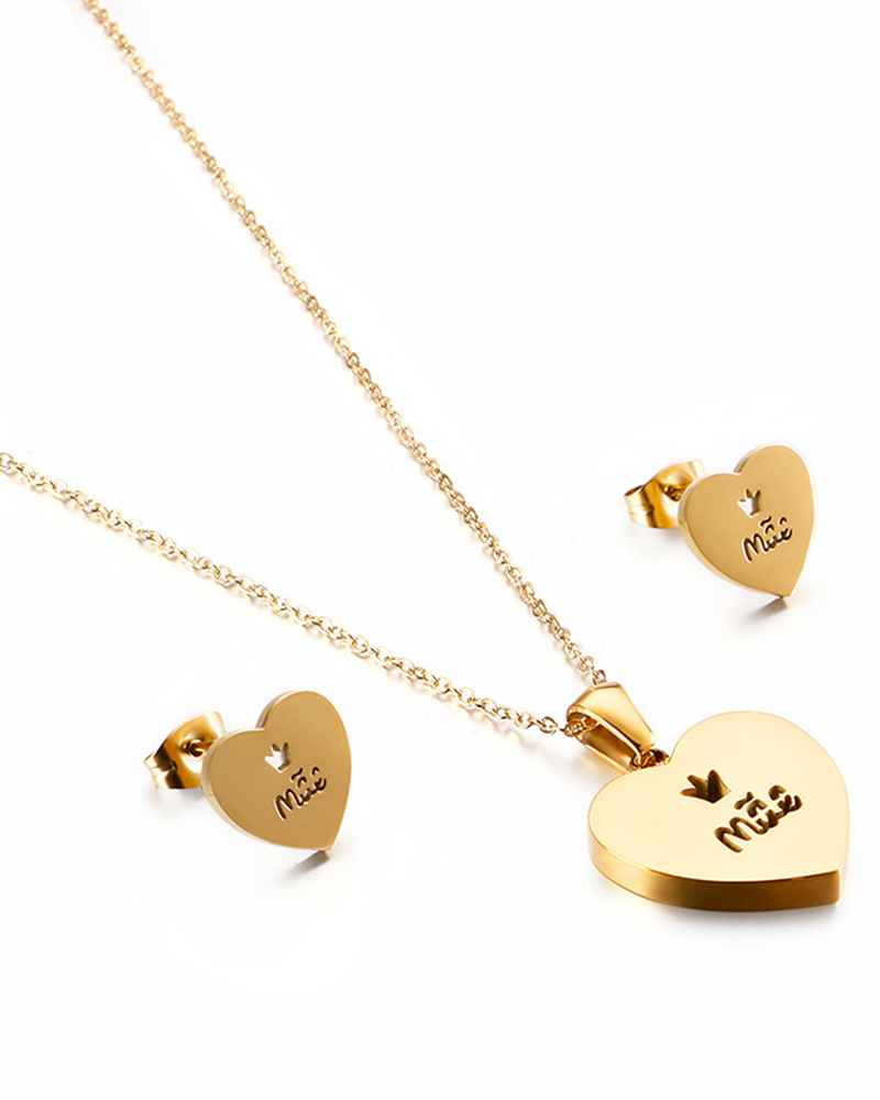 

2pcs Mother's Day Gift Heart Shaped Pendant Necklace & Earrings Jewelry Set, Gold