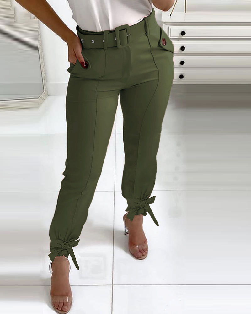

Knotted Pocket Design Casual Pants, Army green