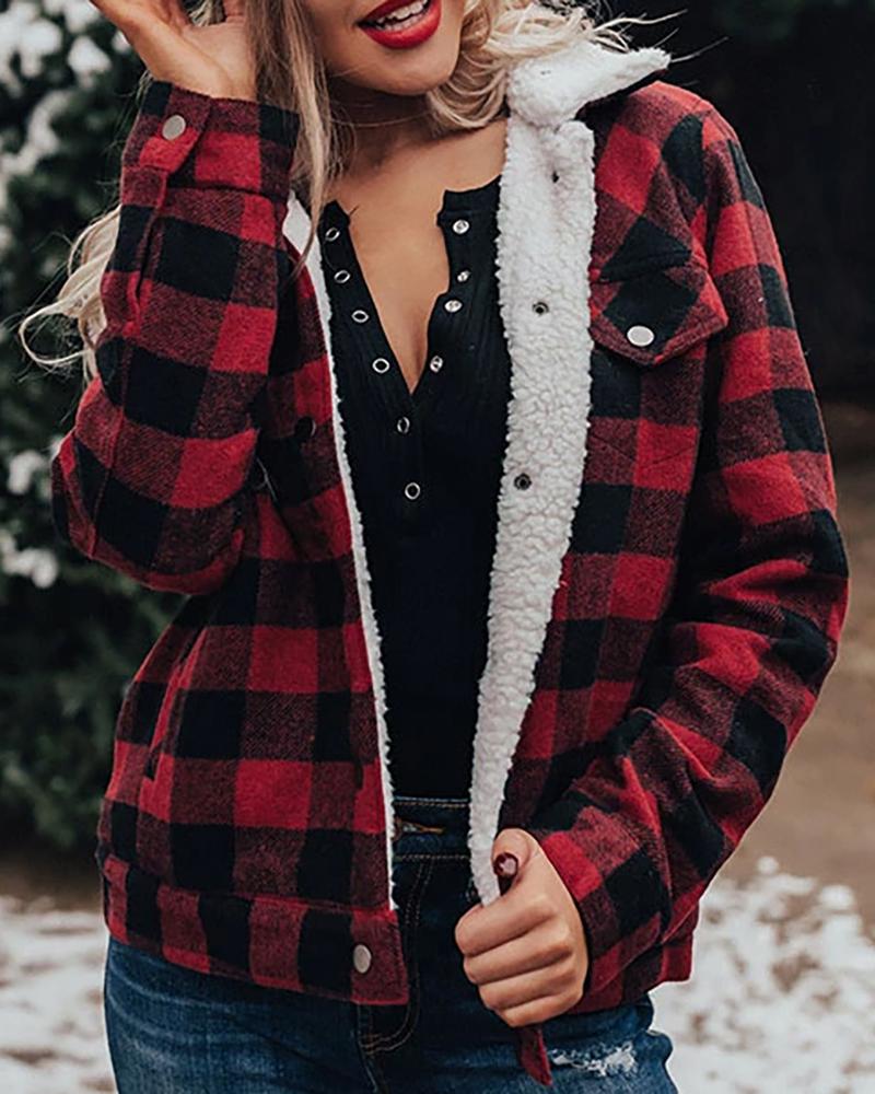 

Button Pocket Design Long Sleeve Plaid Teddy Coat, Red