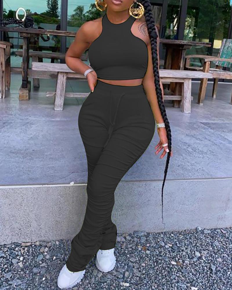 

Sleeveless Crop Top & Ruched Bootcut Pants Set, Black