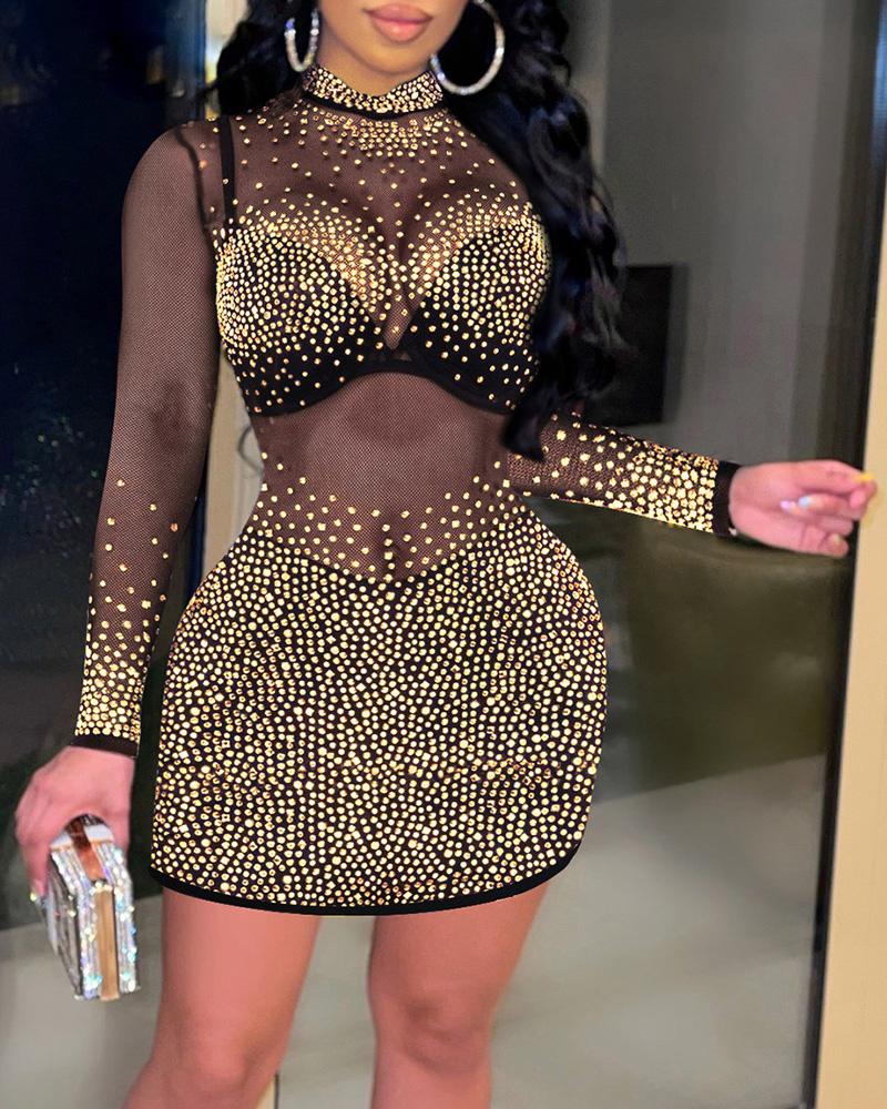

Long Sleeve Rhinestone Sheer Mesh Bodycon Dress, Gold