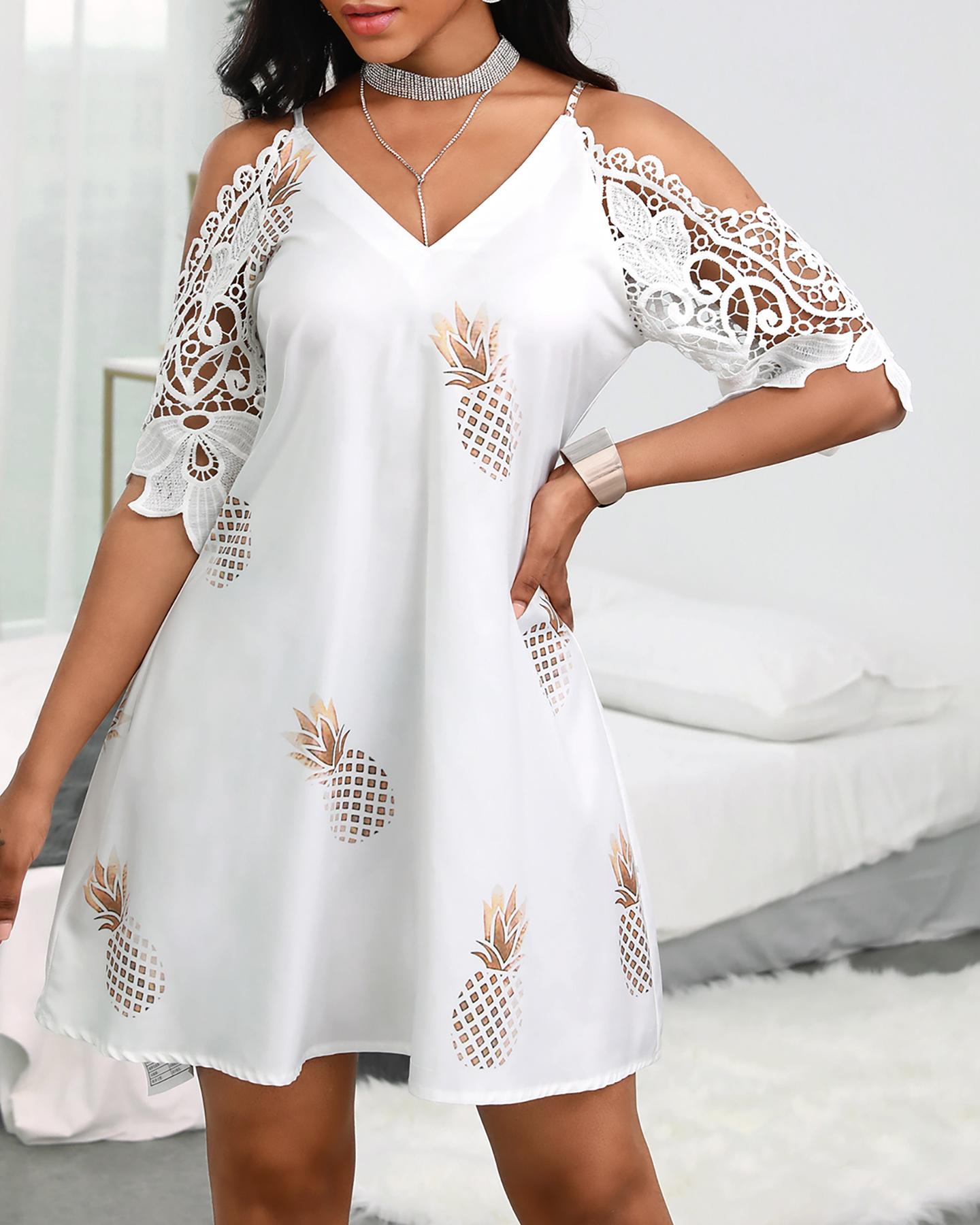 

Pineapple Print Cold Shoulder Lace Dress, White