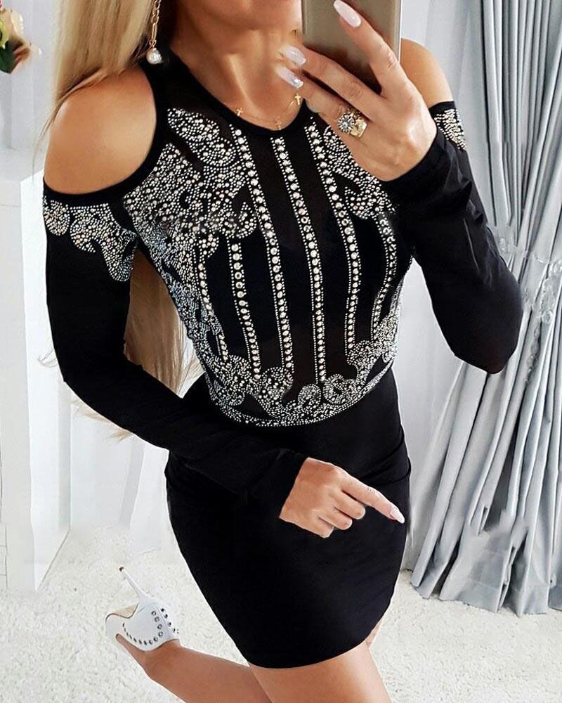 

Rhinestone Decor Cold Shoulder Bodycon Dress, Black