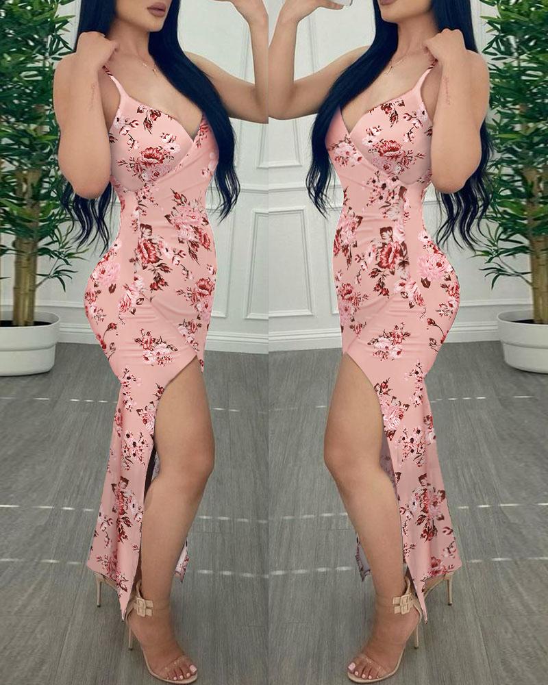 

Floral Print Cami High Slit Dress, Pink