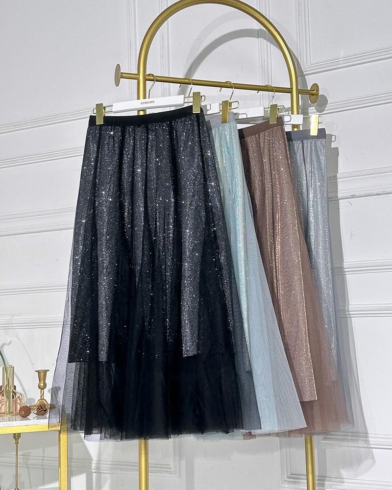 

Falda de talle alto en forma de A con parche de malla transparente, Black