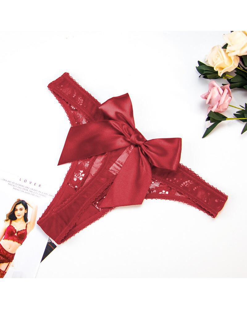 

Bowknot Decor Breathable Lace Thong Panty, Red