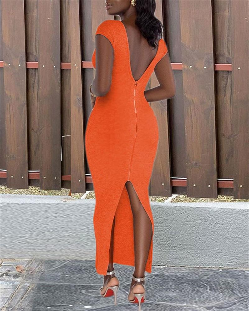 

Letter Print Zip Detail Backless Bodycon Dress, Orange