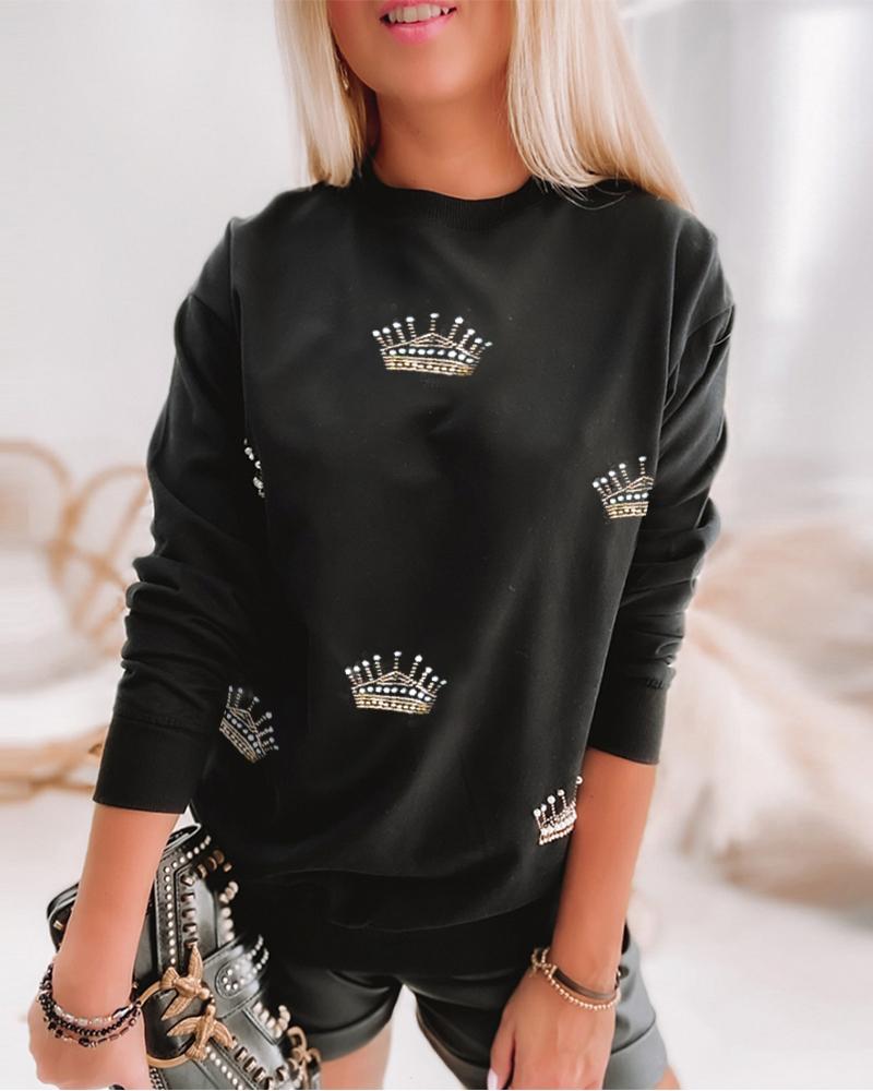 

Crown Print Drop Shoulder Long Sleeve Top, Black