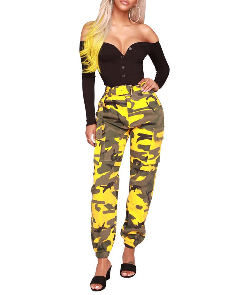 

Camouflage Print High Waist Pocket Design Cargo Pants, Yellow