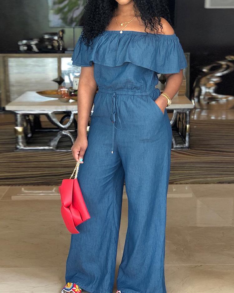 

Plus Size Off Shoulder Drawstring Wide Leg Denim Jumpsuit, Blue