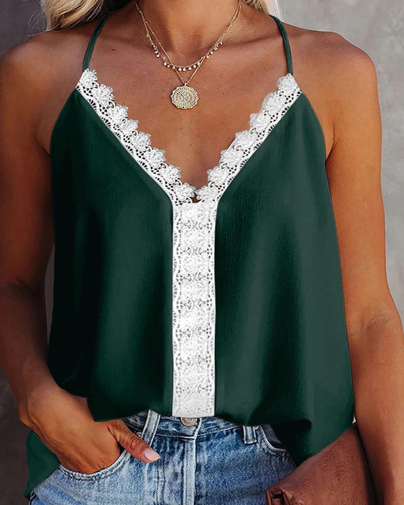 

V Neck Guipure Lace Sleeveless Top, Green