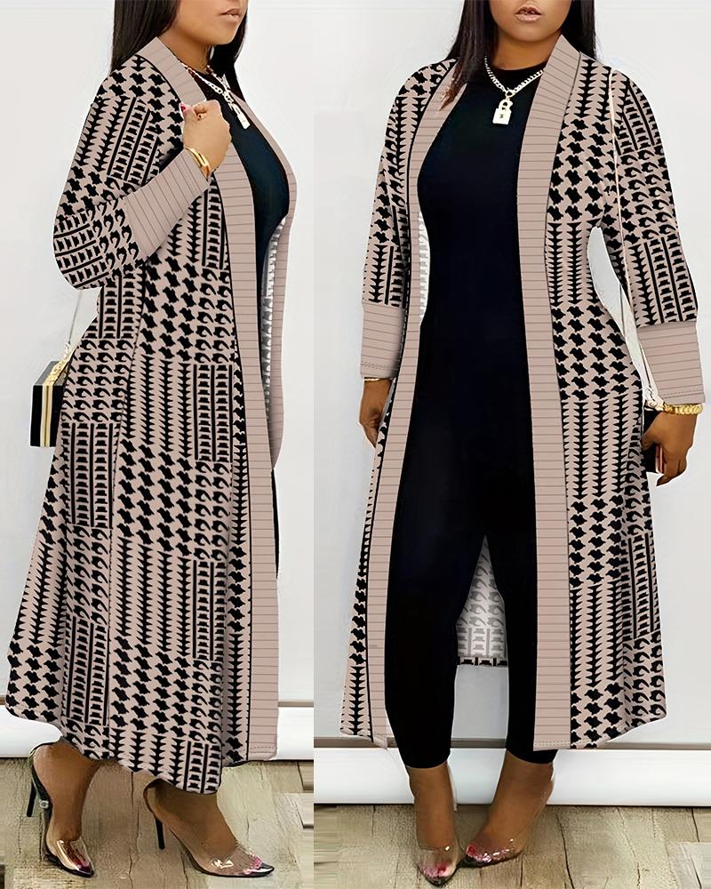 

Plus Size Geometric Houndstooth Print Longline Coat, Brown