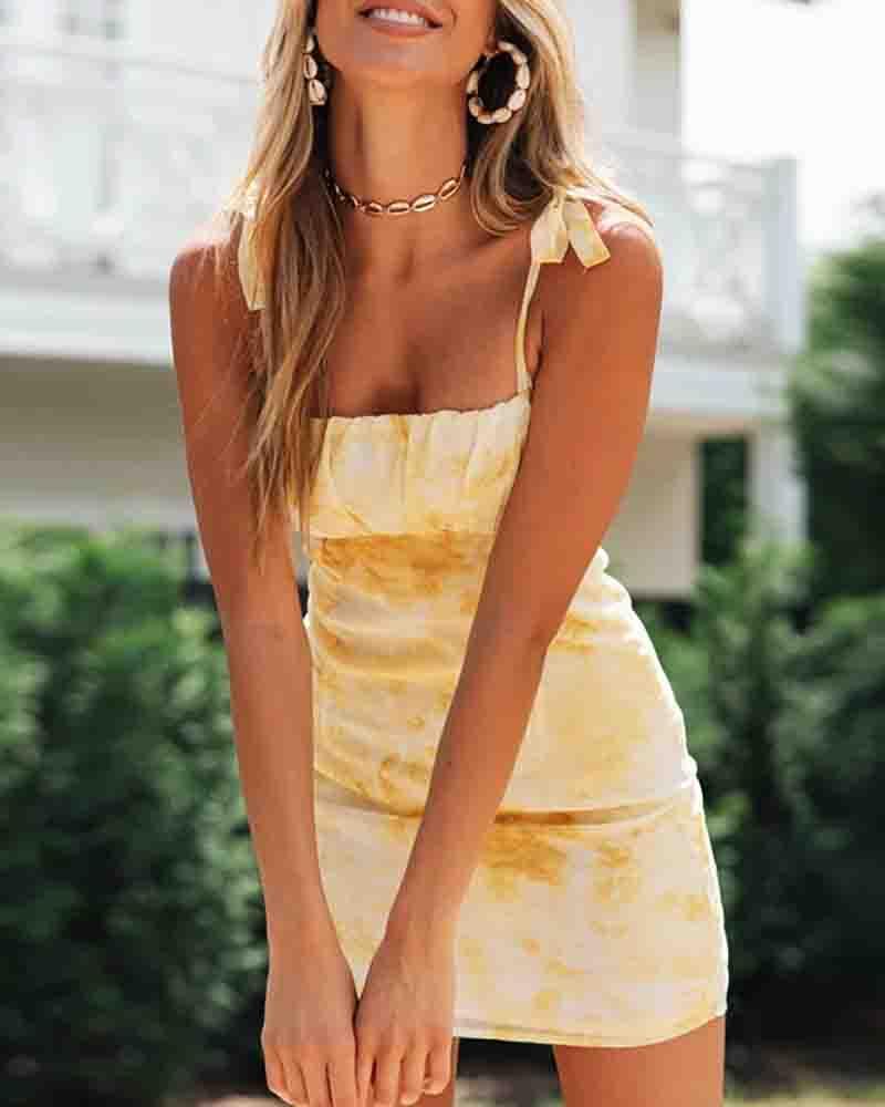 

Tie Dye Print Ruched Tied Detail Bodycon Dress, Yellow