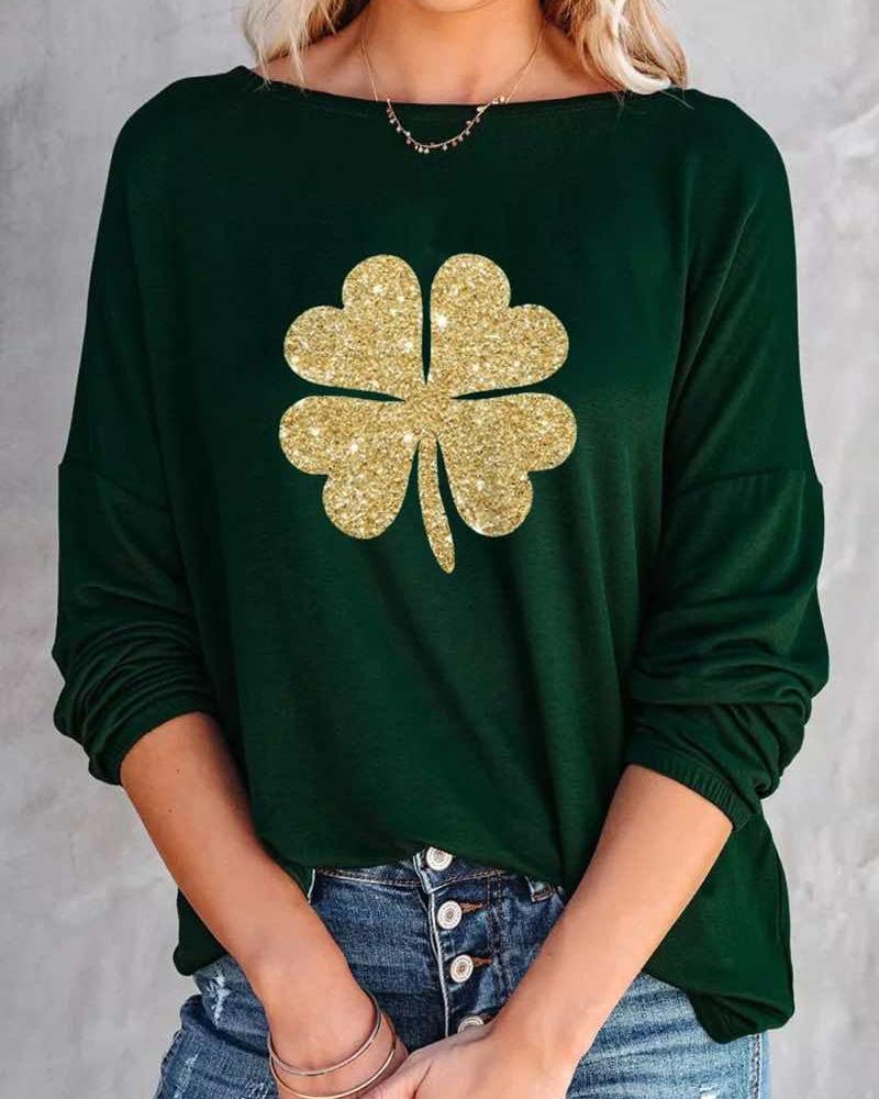 

St. Patrick' Day Lucky Shamrock Print Casual Top, Green