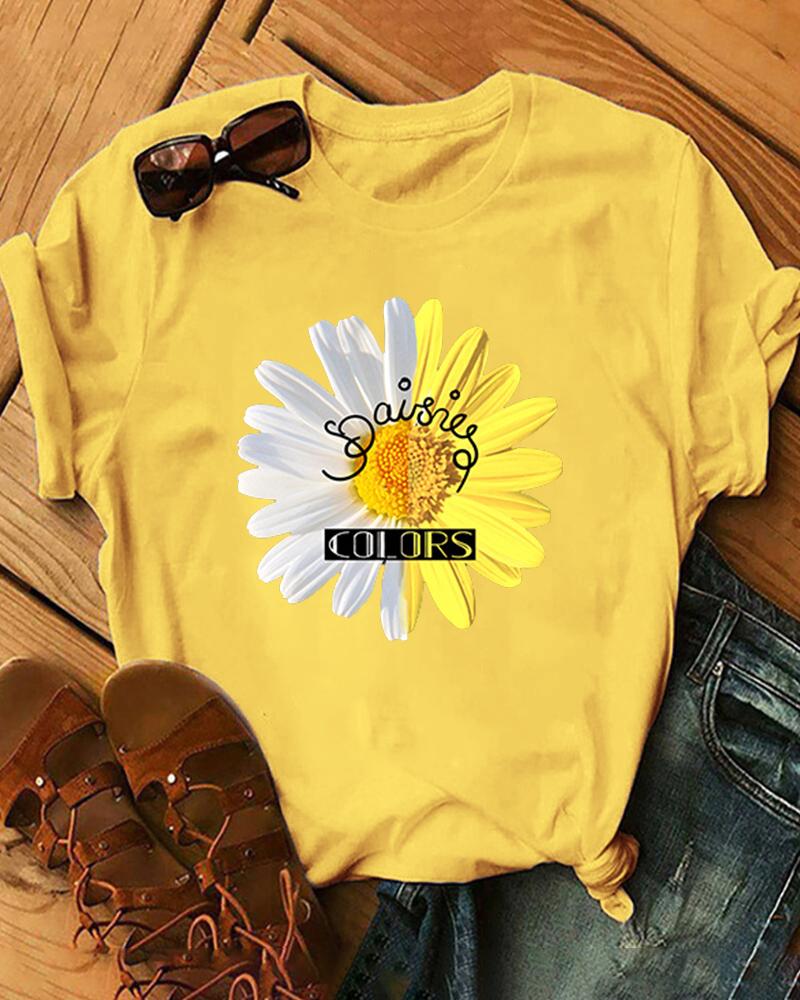 

Daisy Print Short Sleeve Loose T-shirts, Yellow
