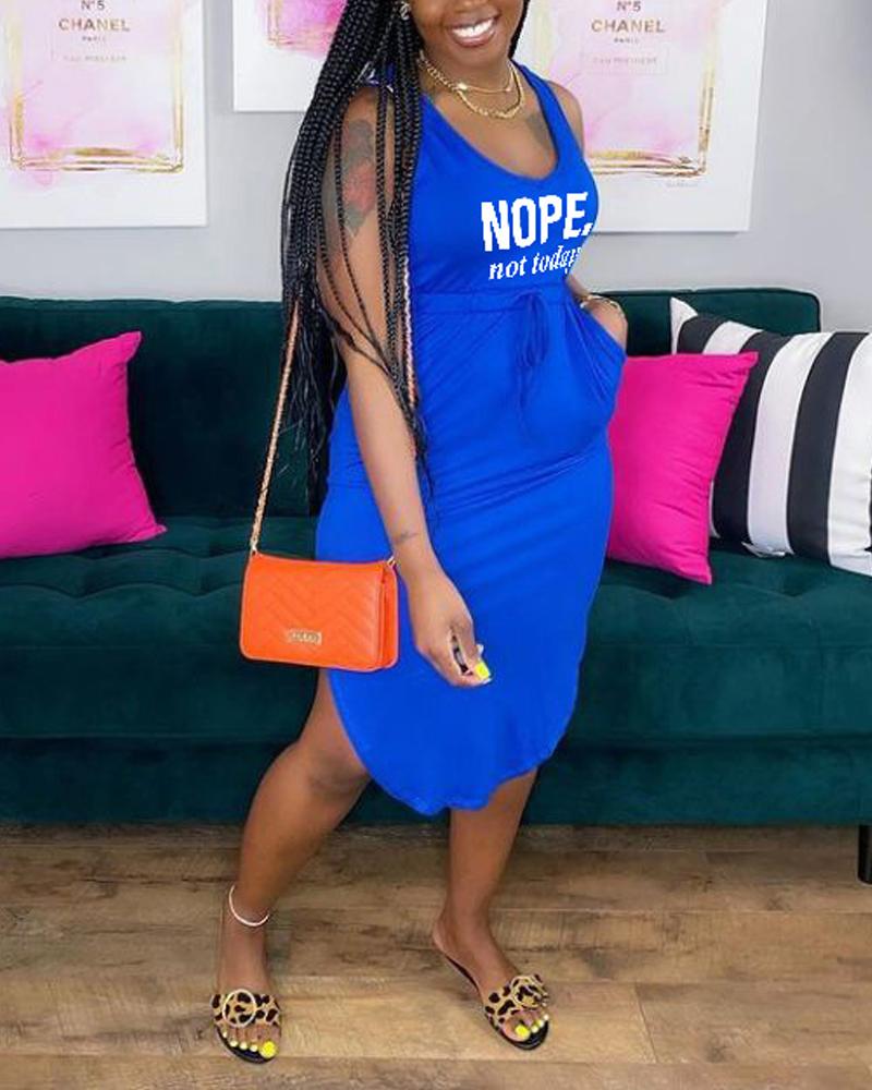 

Letter Print Curved Hem Drawstring Casual Tank Dress, Blue