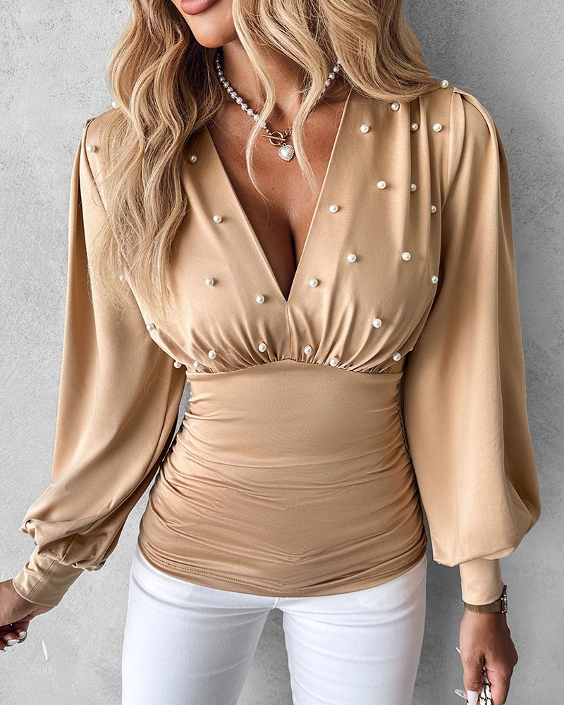 

Beaded Plunge Lantern Sleeve Ruched Top, Apricot