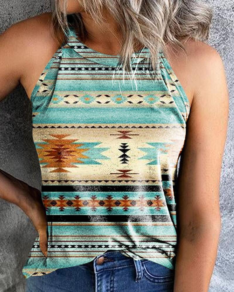 

Vintage Aztec Geometric Print Round Neck Casual Tank Top, Blue