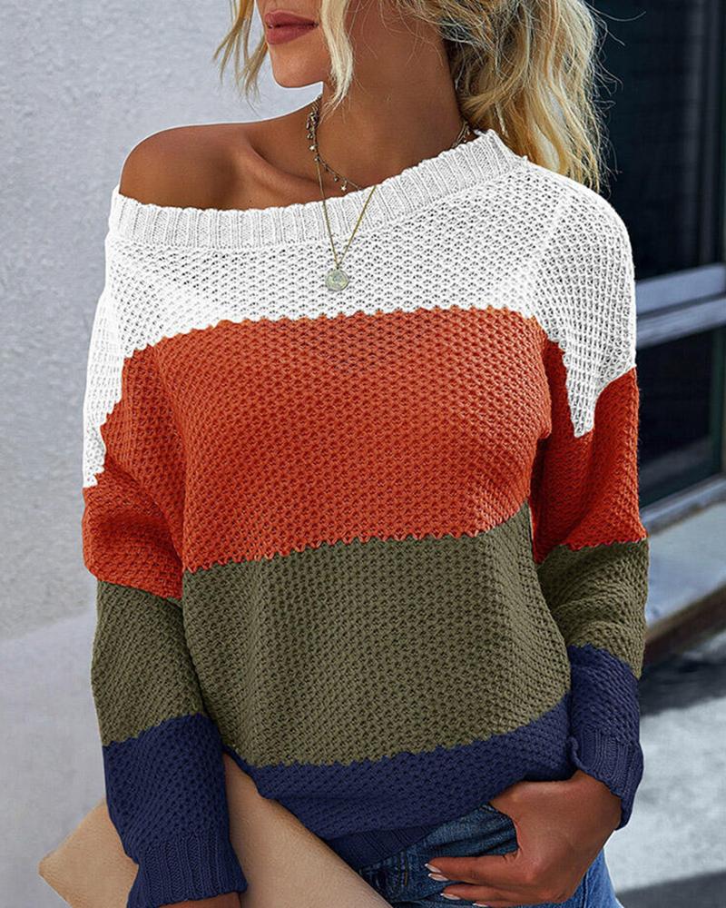 

Striped Colorblock Long Sleeve Knit Sweater, Orange