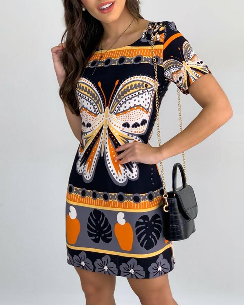 

Color Block Butterfly Print Short Sleeve Mini Dress, Multicolor