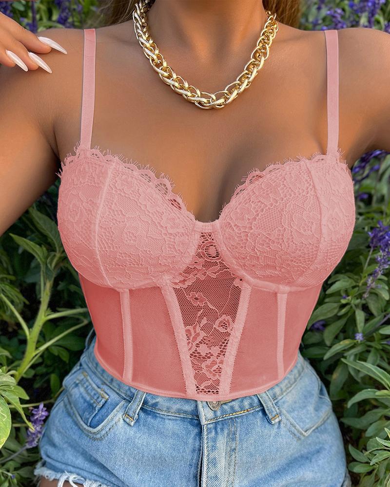 

Lace Crop Cami Corset Top, Pink