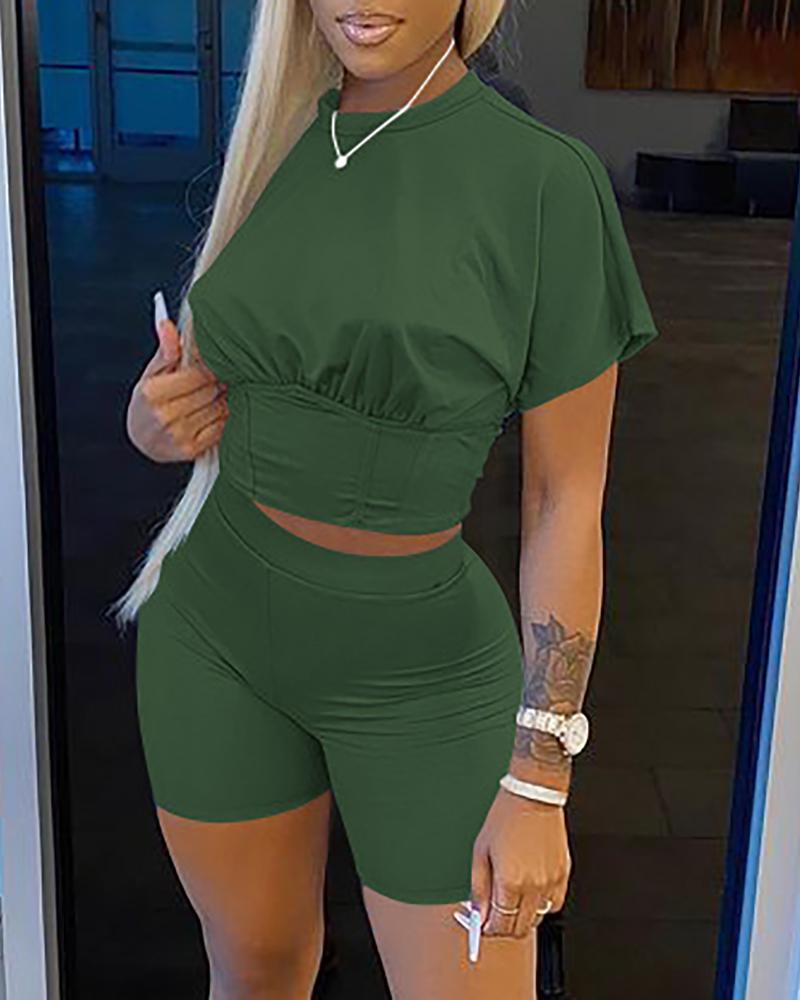 

Plain Short Sleeve Top & Shorts Set, Green