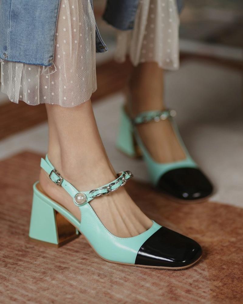 

Square-toe Color Block Splicing Chain Buckle High Heels, Green