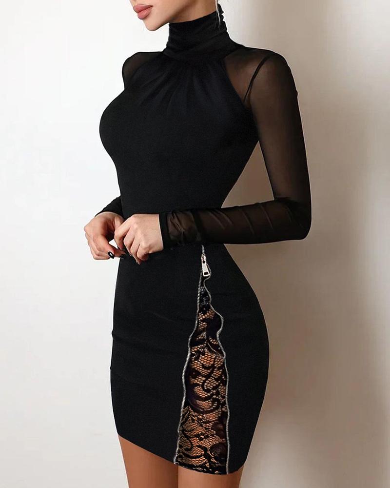 

Contrast Lace Sheer Mesh Long Sleeve Bodycon Dress, Black