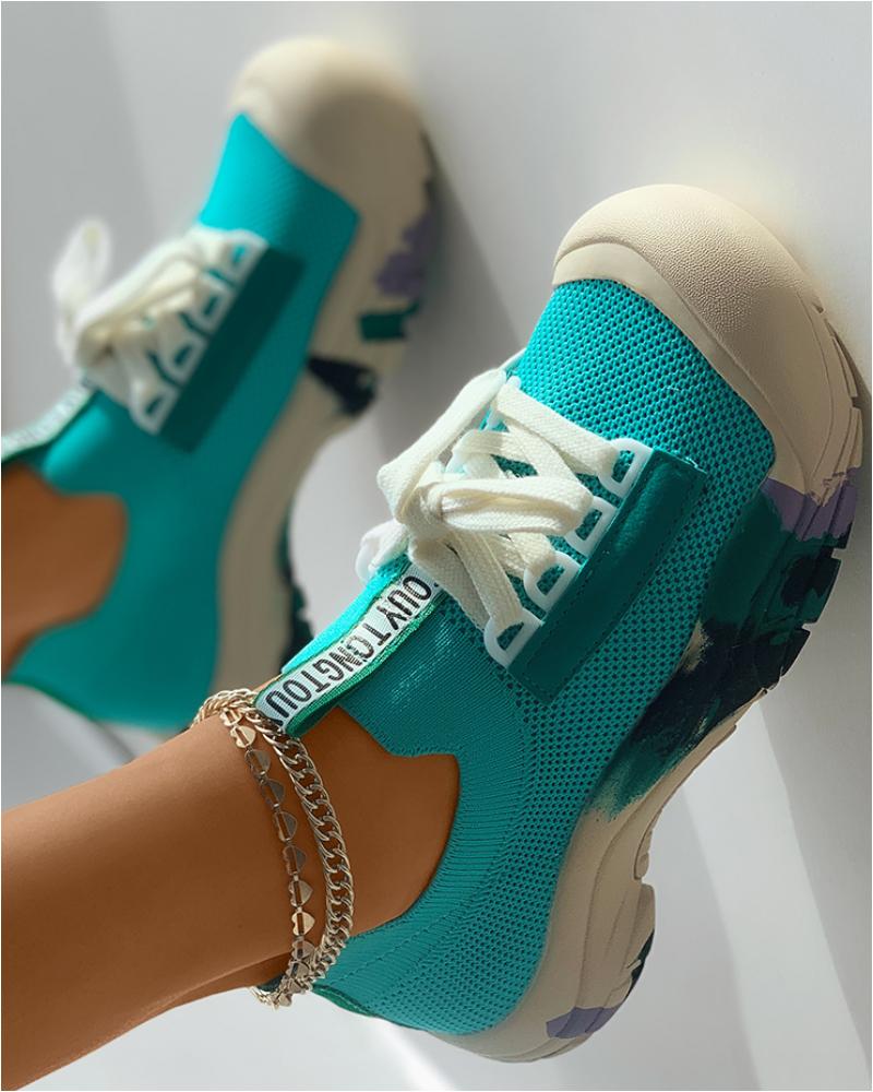 

Painting Letter Print Lace-Up Muffin Sneakers, Lighted blue