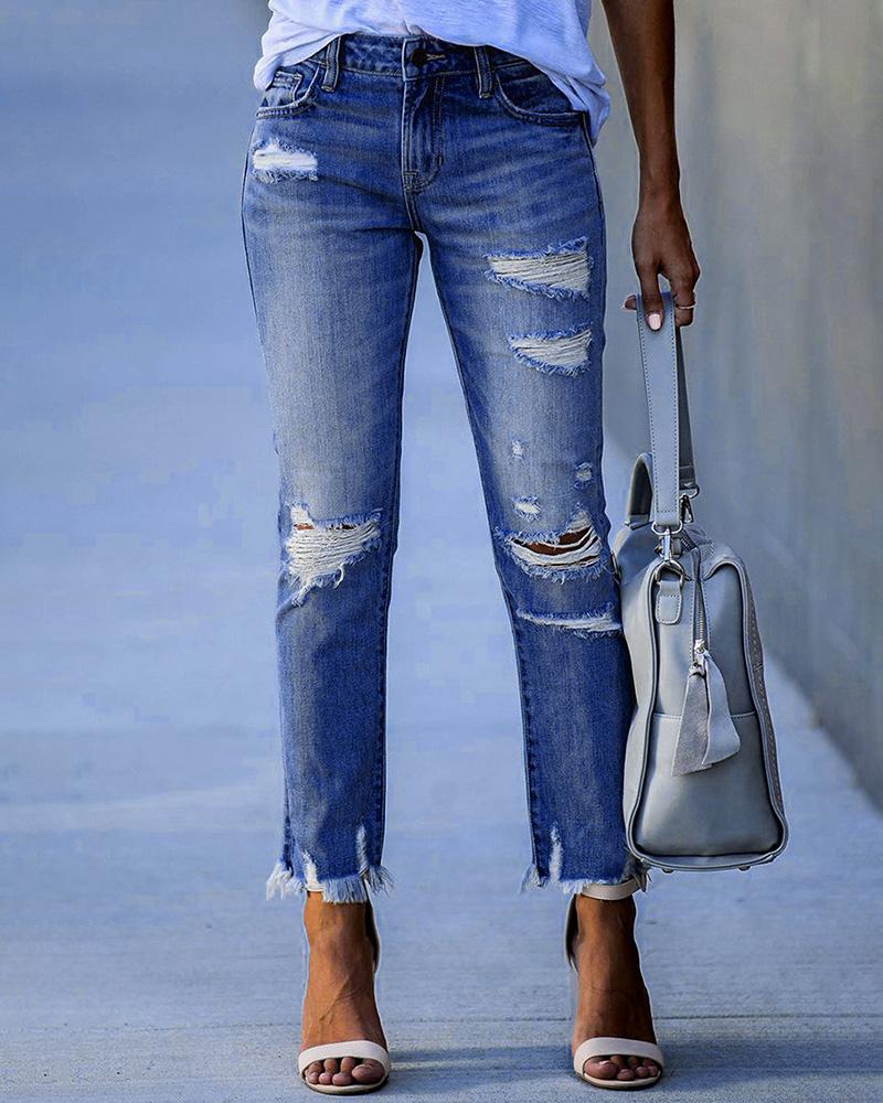 

Fringe Hem High Waist Ripped Jeans, Blue