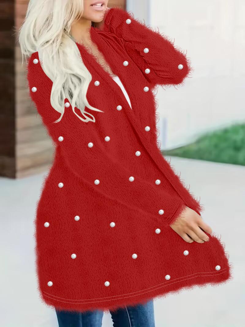 

Pearls Studded Open Front Fuzzy Coat, Red