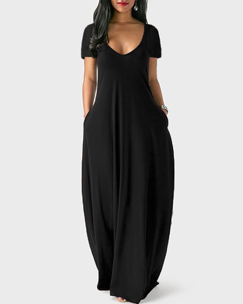 

Short Sleeve V-Neck Casual Maxi Dress, Black