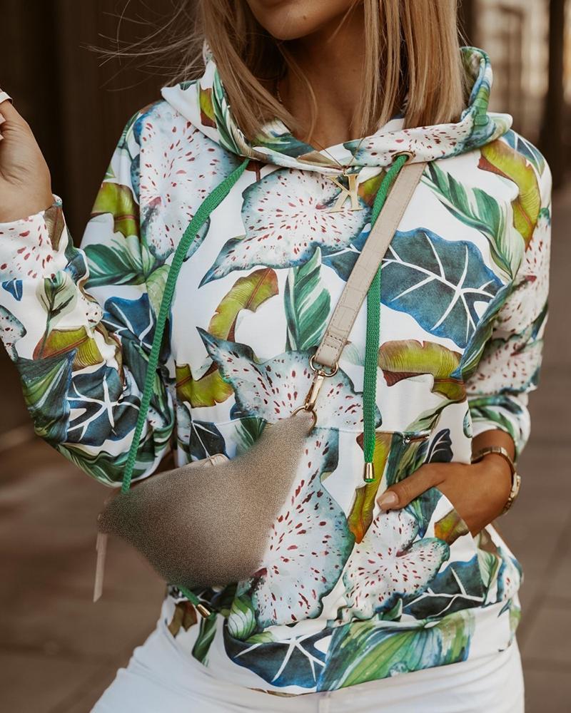 

Long Sleeve Leaf Print Drawstring Hooded Sweatshirt, White