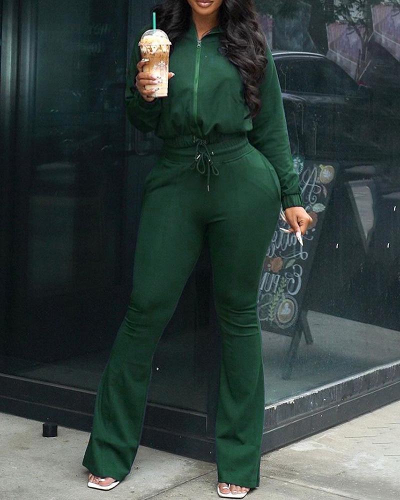 

Zipper Design Drawstring Coat & High Waist Pants Set, Green