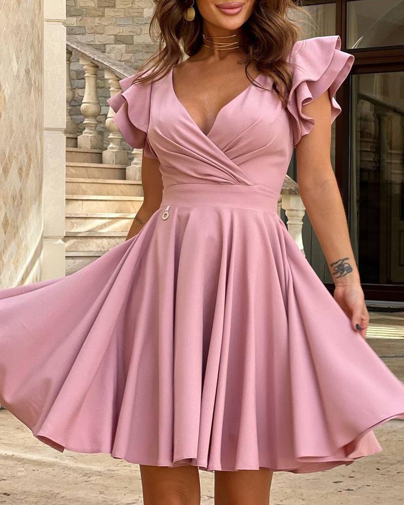 

Flutter Sleeve Ruched Flared Party Dress, Pink