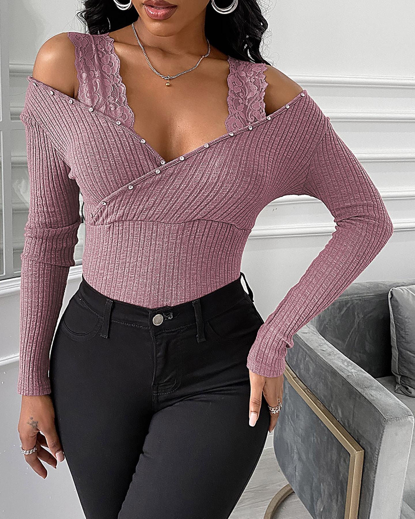 

Studded Cold Shoulder Long Sleeve Lace Top, Pink