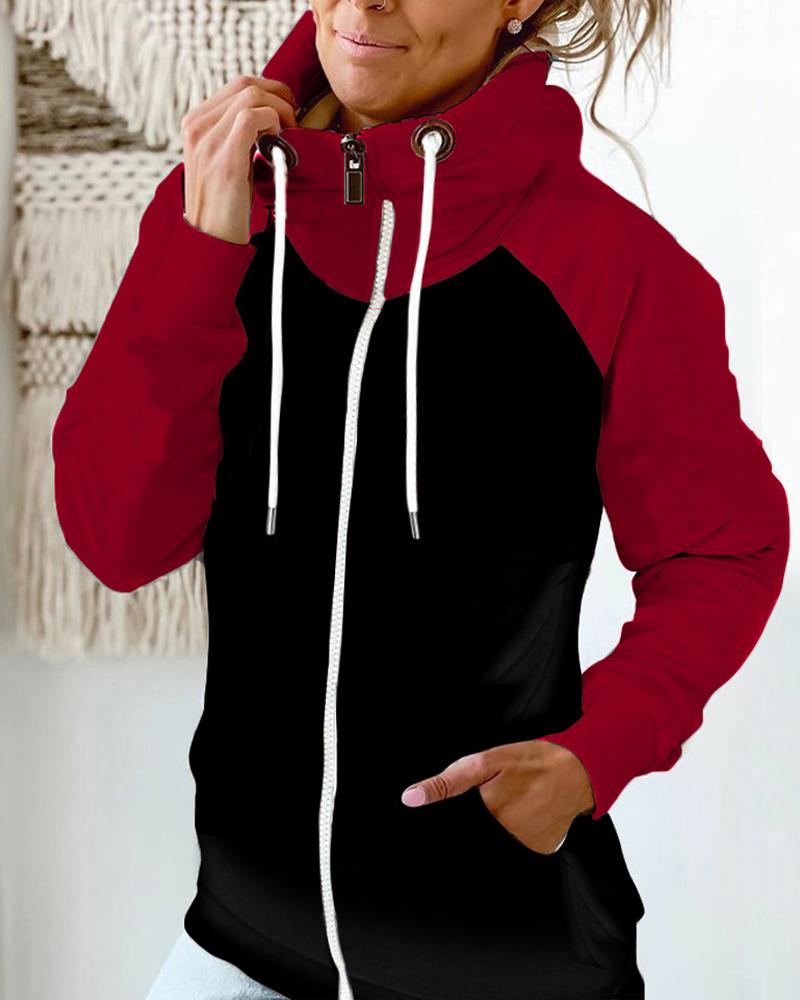 

Colorblock Long Sleeve Zip Up Drawstring Sweatshirt, Red