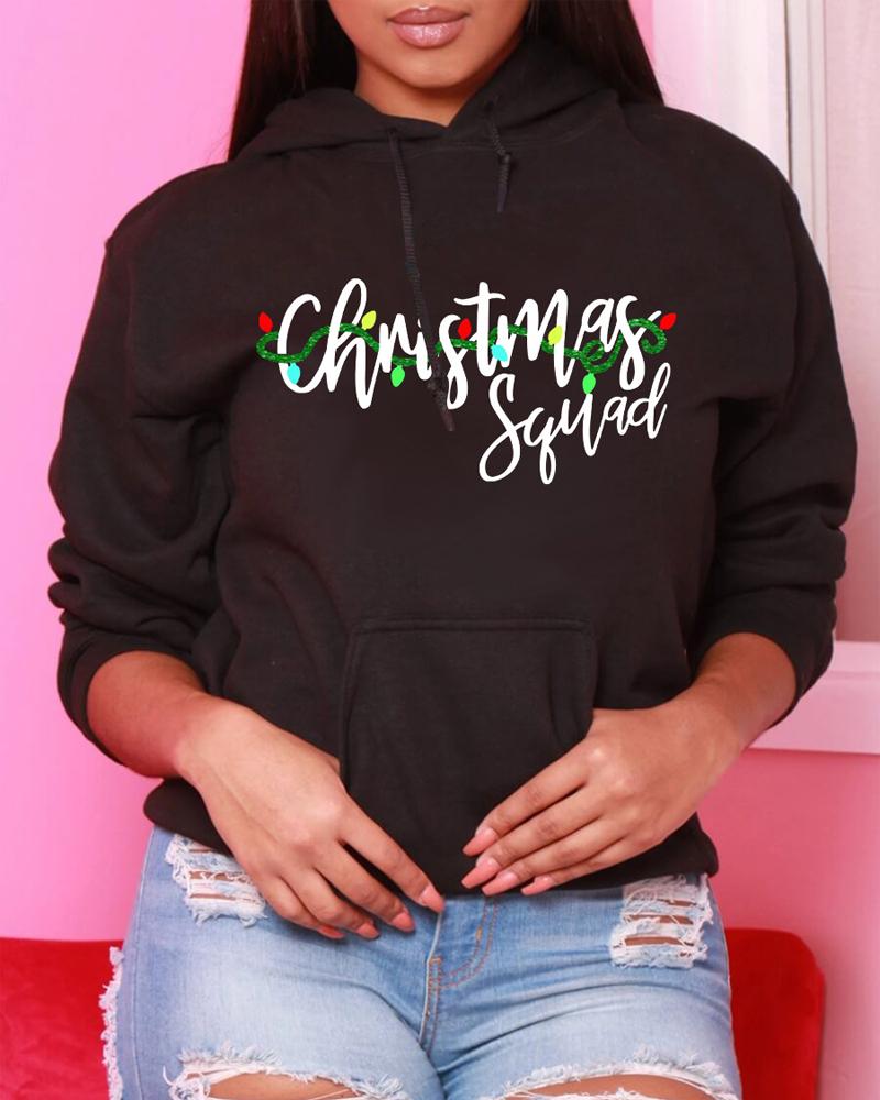 

Plus Size Christmas Letter Print Casual Hoodie, Black